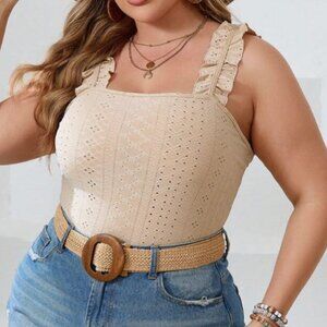 Women's Plus Size Solid Color Burn-Out Embroidered Ruffle Hem Tank Top